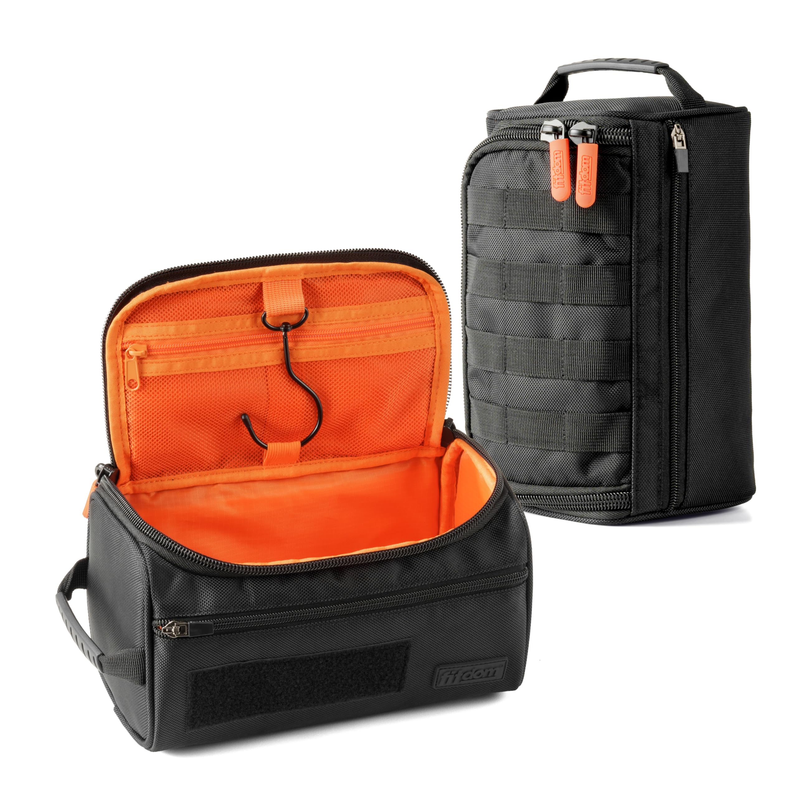Fitdom front view showing organized compartments and durable exterior benefit: easy packing