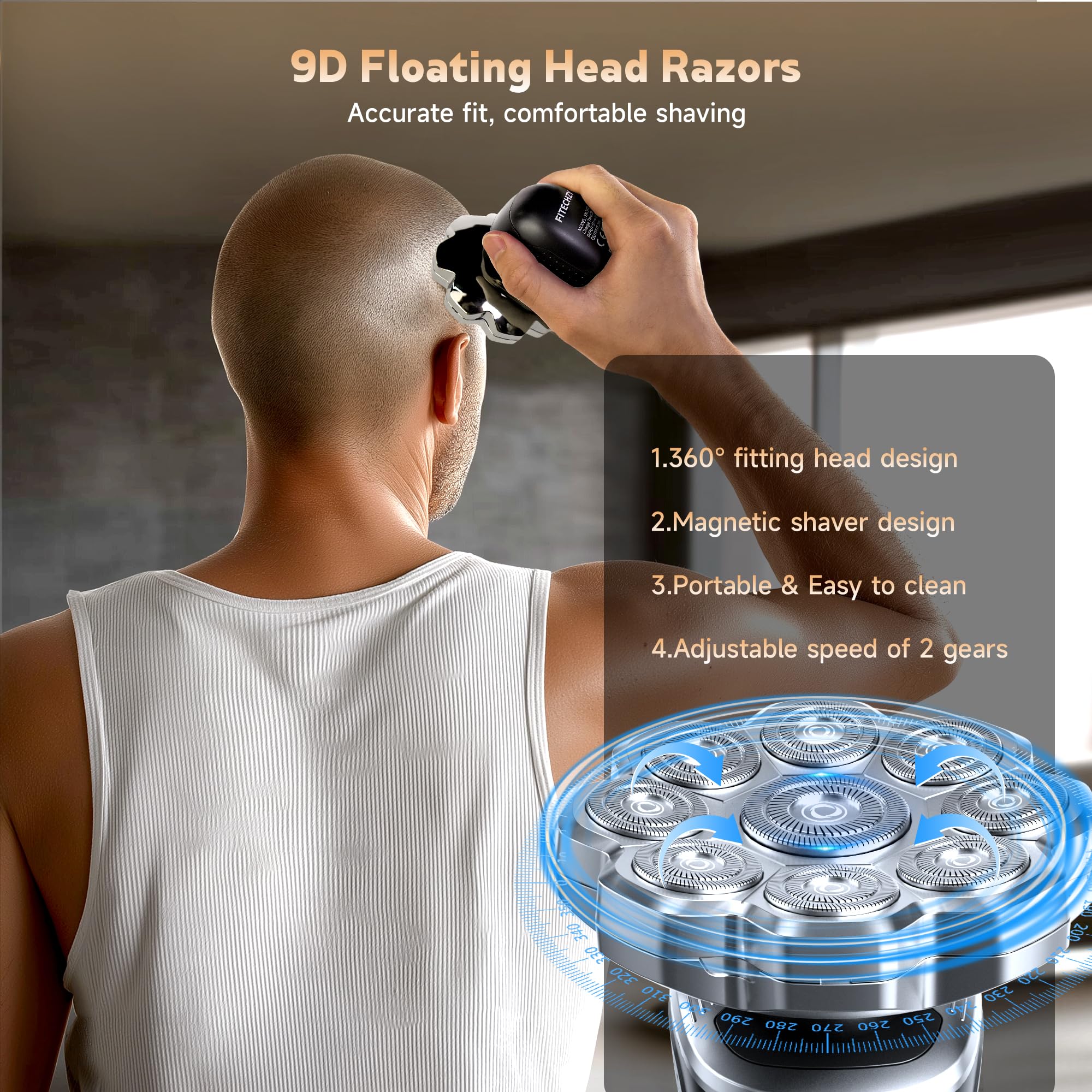 FITECHZY close-up of 9D floating head contouring for smooth shaves