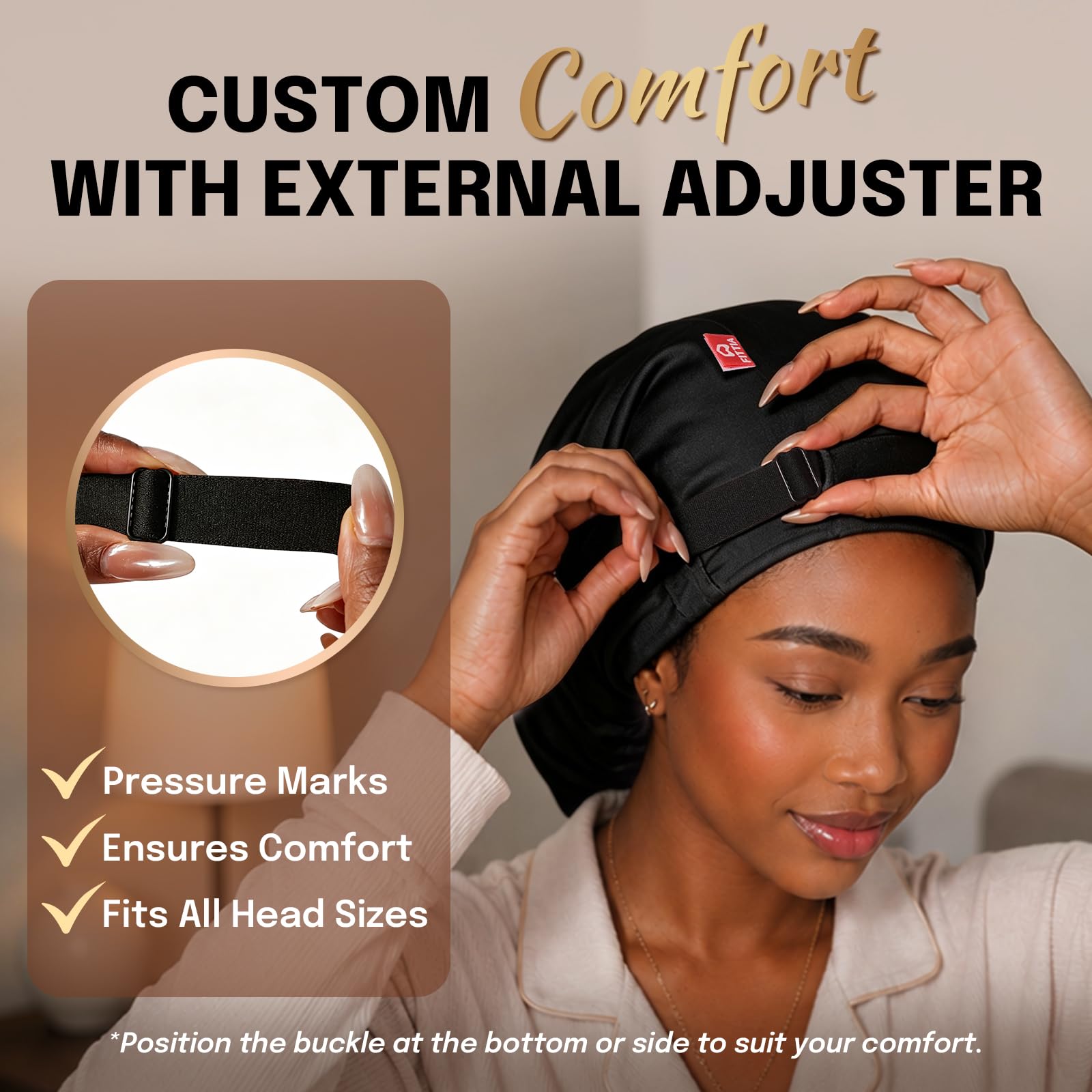 Fittia bonnet label and fabric tag displaying durable satin that resists shrinking