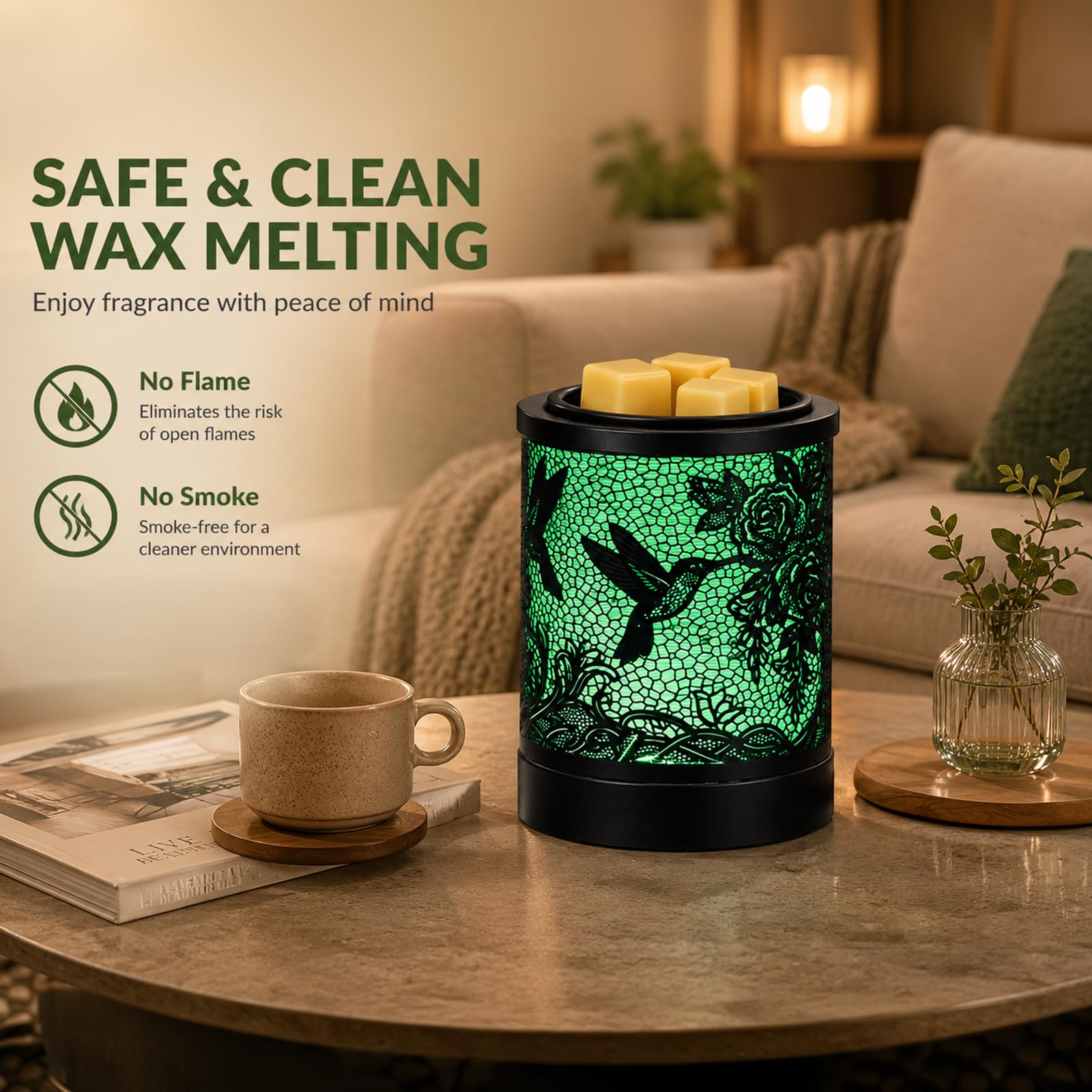 FIZYZYNA in-use on living room table releasing fragrance and soft light