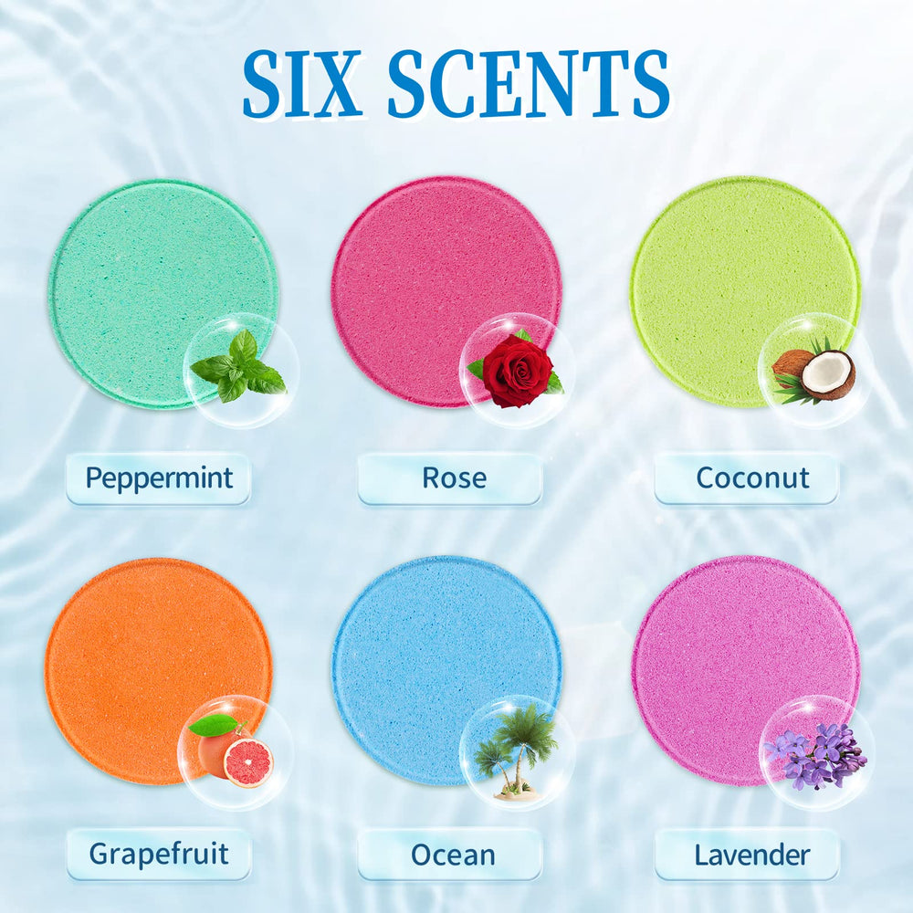 Fizzgarden tablets lined up by color showing six scents for easy selection benefit