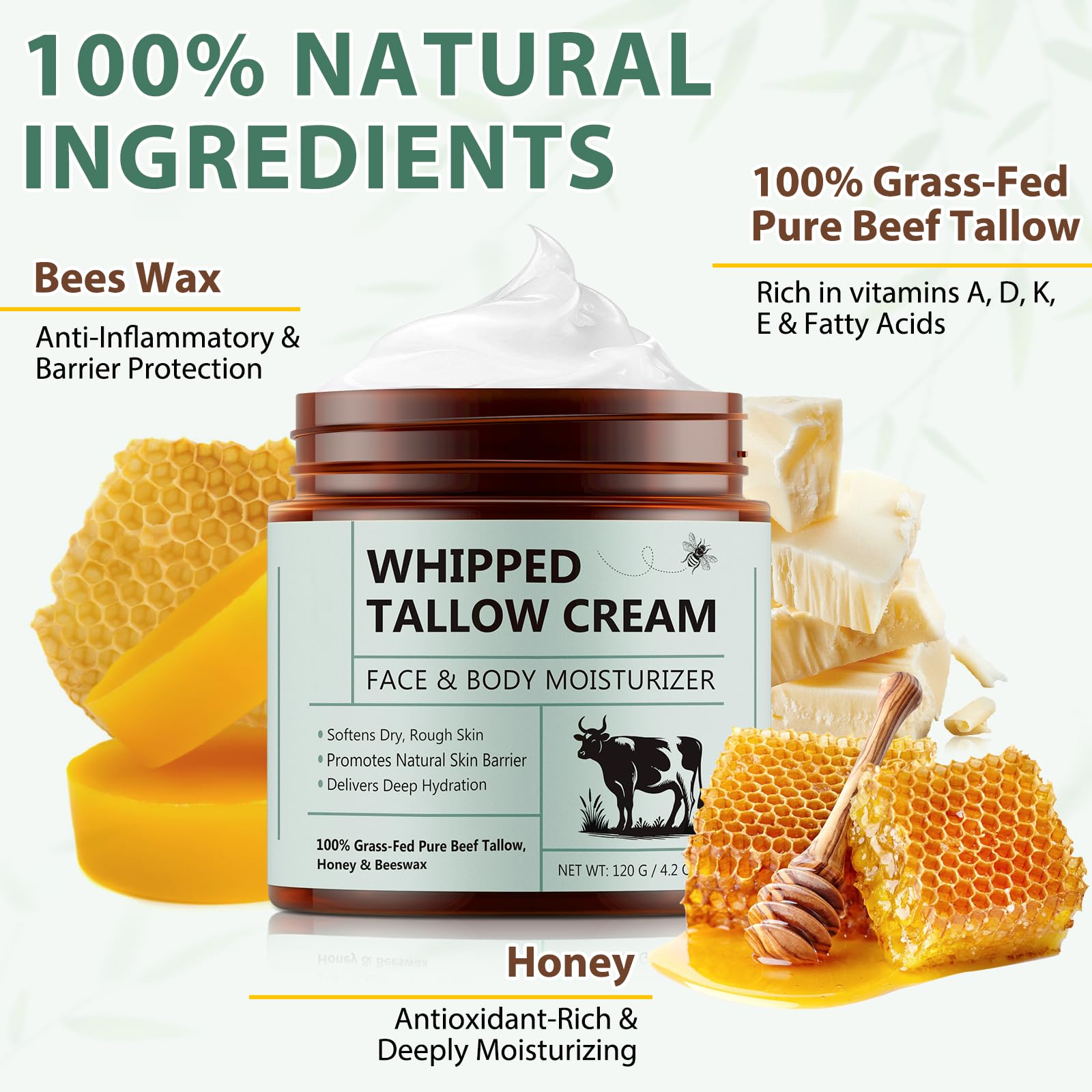 FlameBeauty honey, beeswax, tallow ingredients display for natural sourcing