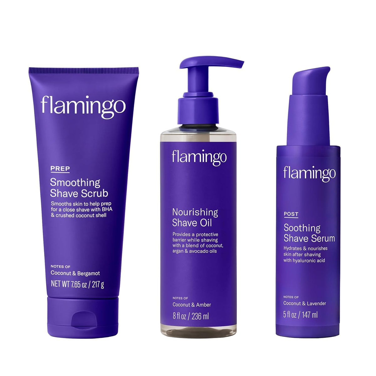 Flamingo front packaging showing the three-step shave system and benefits