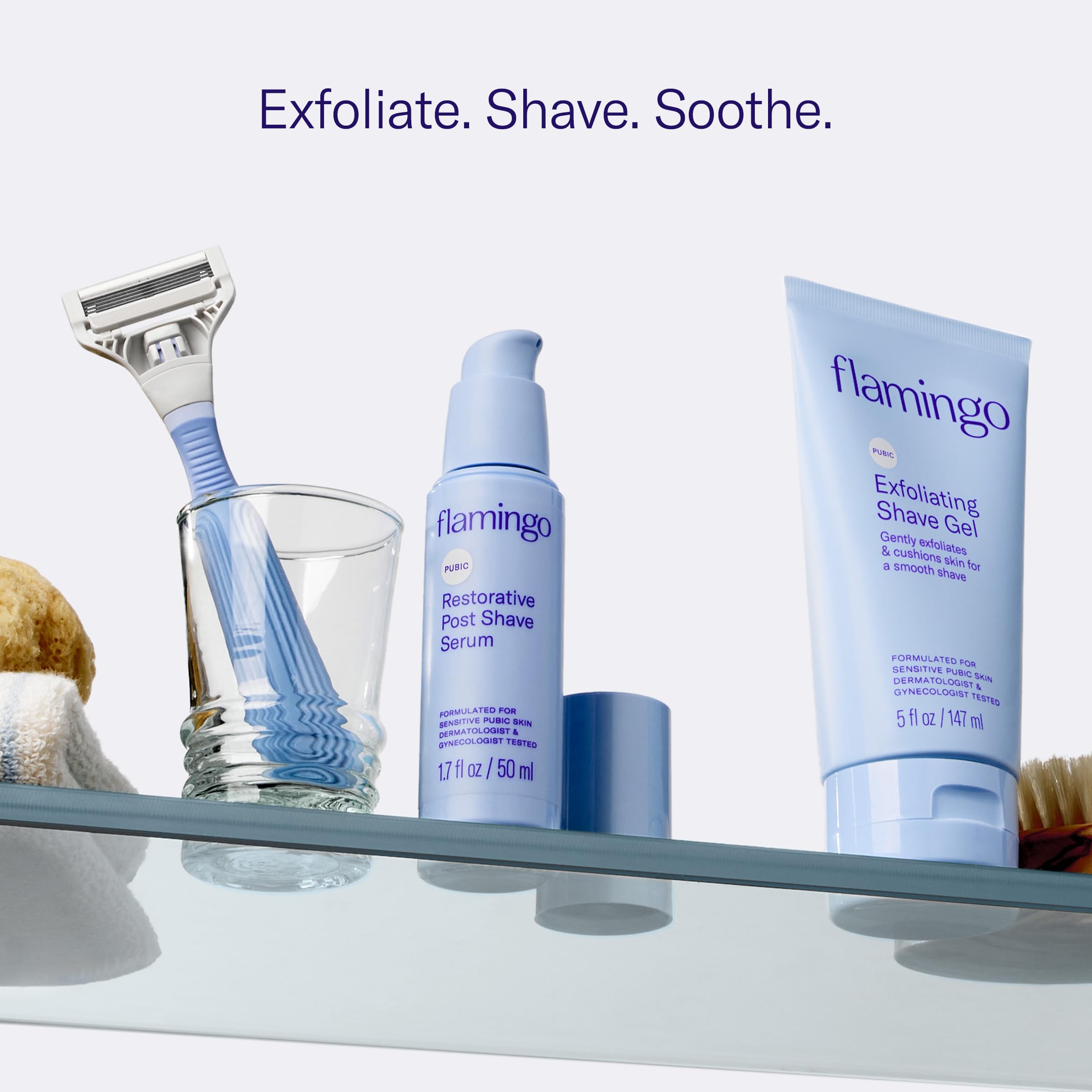 Flamingo pubic razor placed beside gel and serum to show compatibility and improved shaving results
