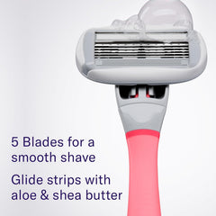 Flamingo five-blade cartridge close-up highlighting stainless blades for smoother strokes