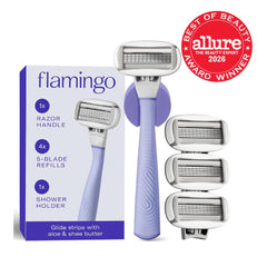Flamingo five-blade cartridge closeup highlighting ultra-thin stainless blades