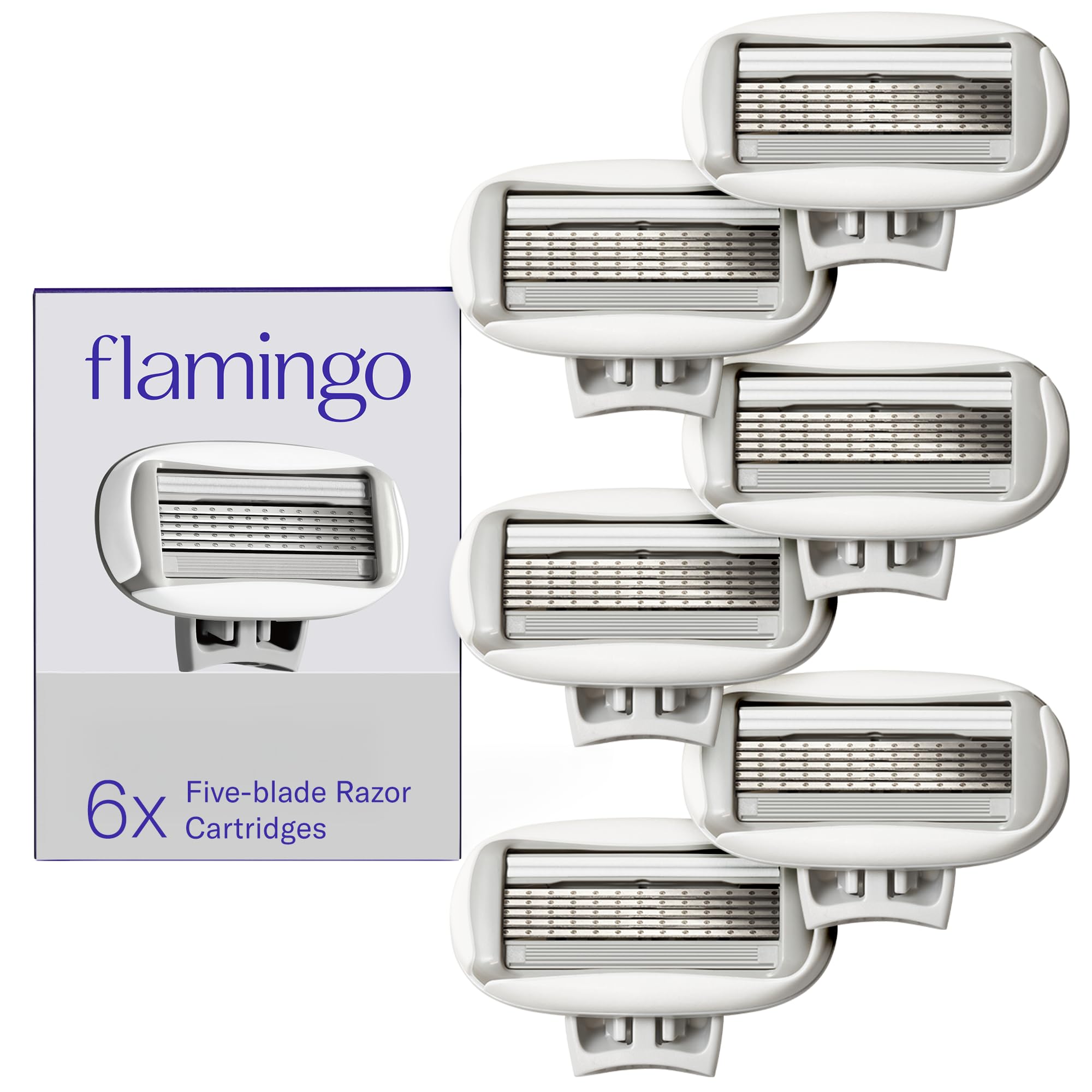 Flamingo front packaging showing six refill cartridges and product count benefit