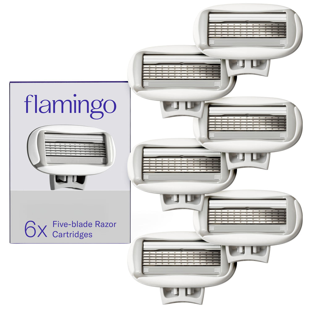 Flamingo front packaging showing six refill cartridges and product count benefit