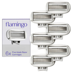 Flamingo front packaging showing six refill cartridges and product count benefit