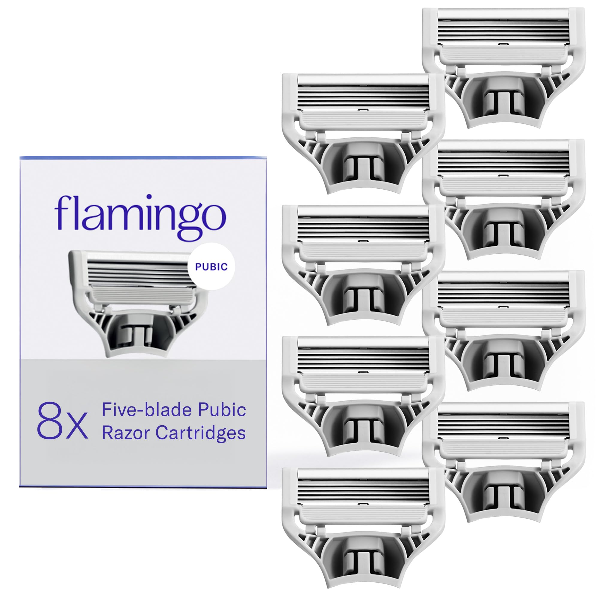 Flamingo front packaging showing eight refill cartridges and clear count benefit