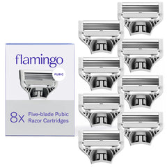 Flamingo front packaging showing eight refill cartridges and clear count benefit