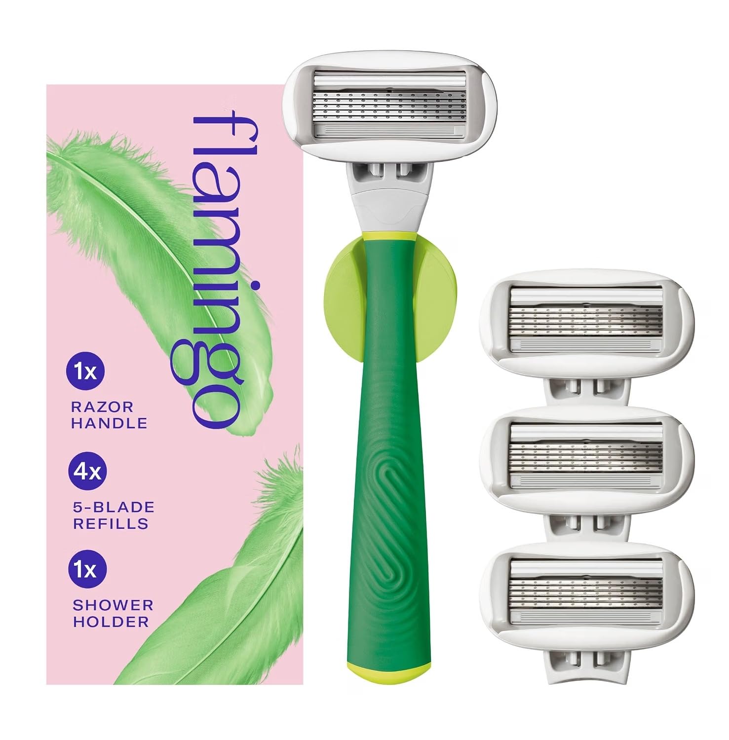 Flamingo razor kit front view showing handle and four refills for convenient shaving