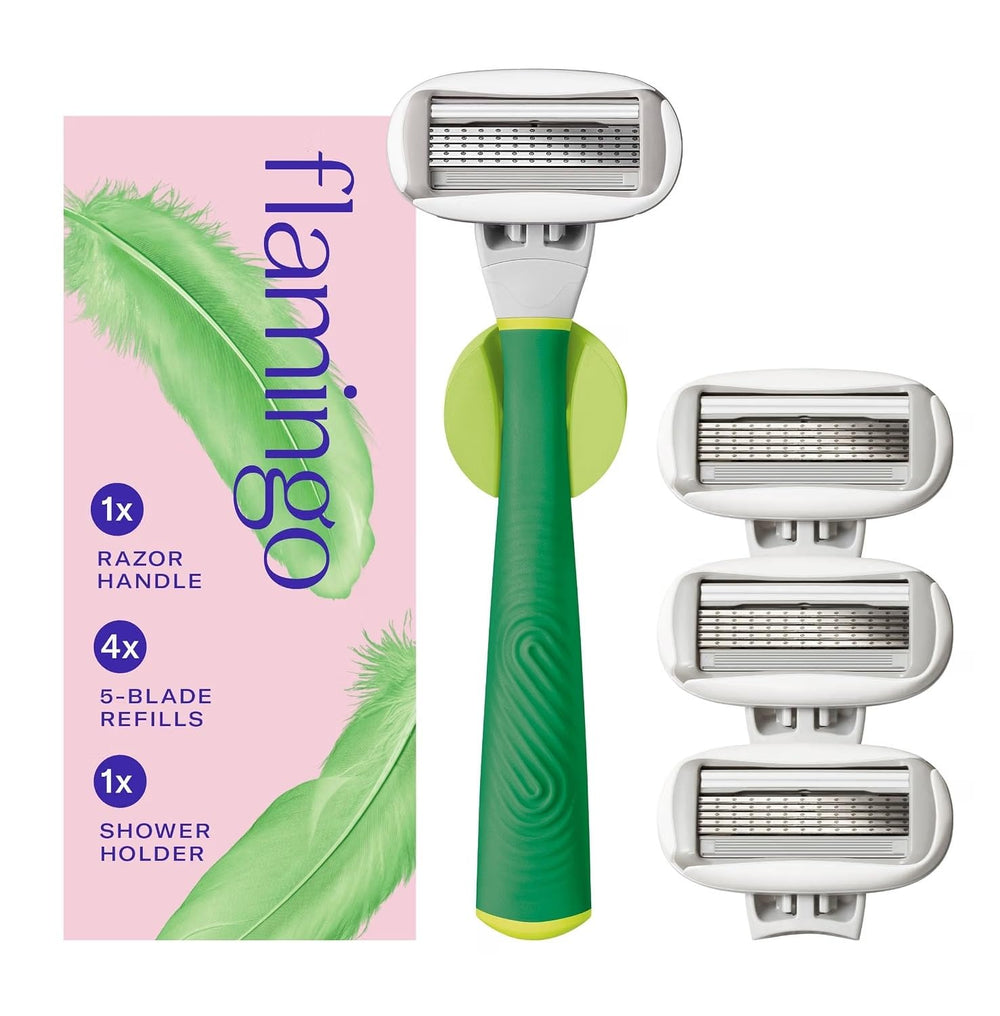 Flamingo razor kit front view showing handle and four refills for convenient shaving