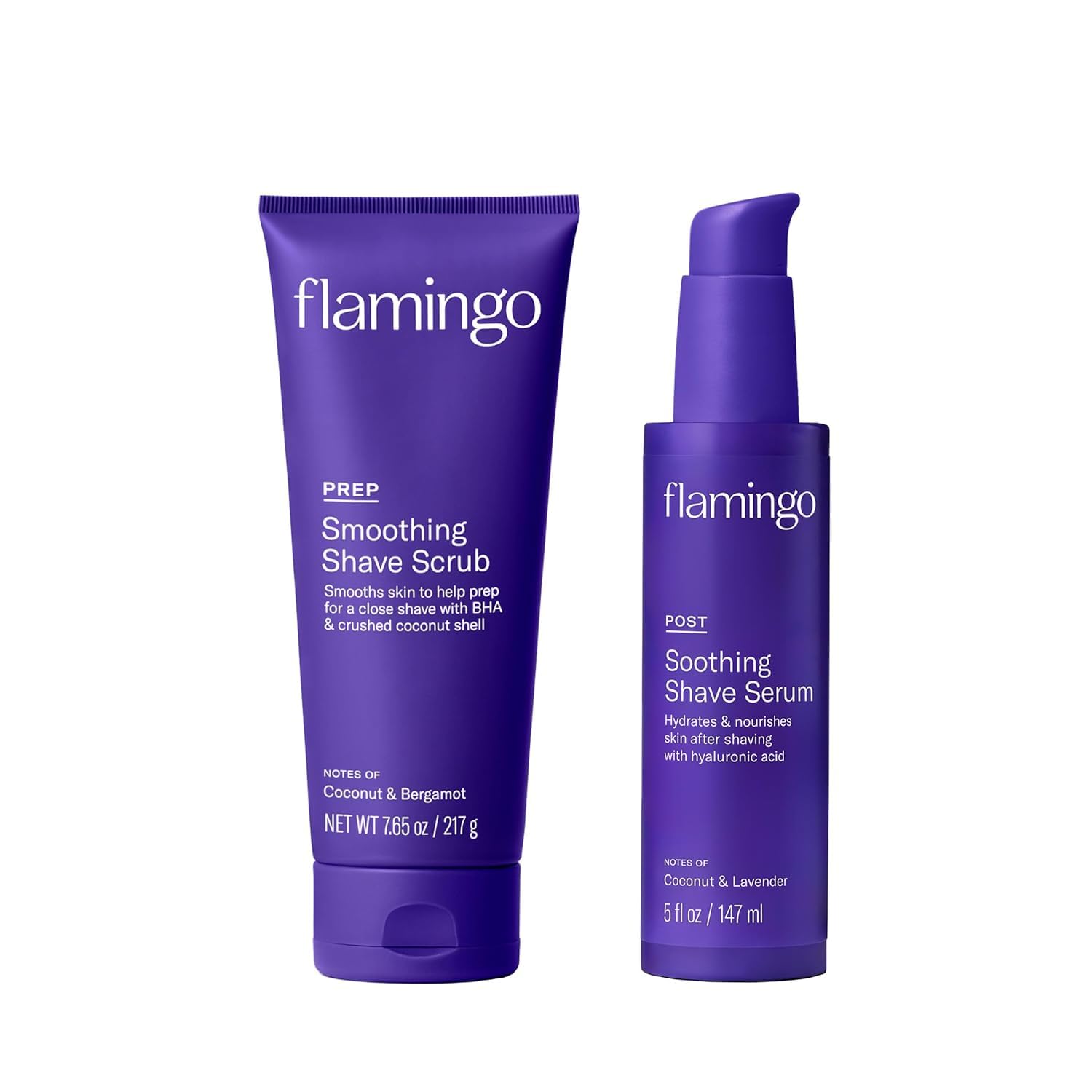 Flamingo front packaging showing the prep and post care set for smoother shaves