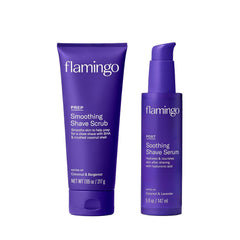 Flamingo front packaging showing the prep and post care set for smoother shaves