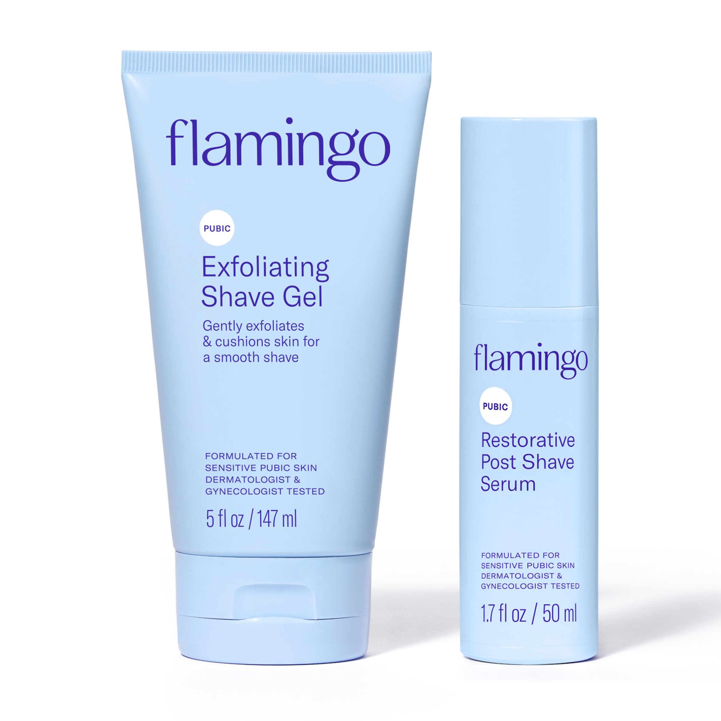 Flamingo front packaging of pubic hair shaving set showing both bottles and clear labeling for confident choice
