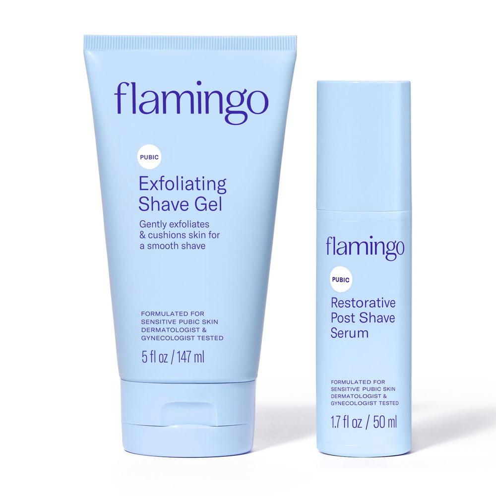 Flamingo front packaging of pubic hair shaving set showing both bottles and clear labeling for confident choice