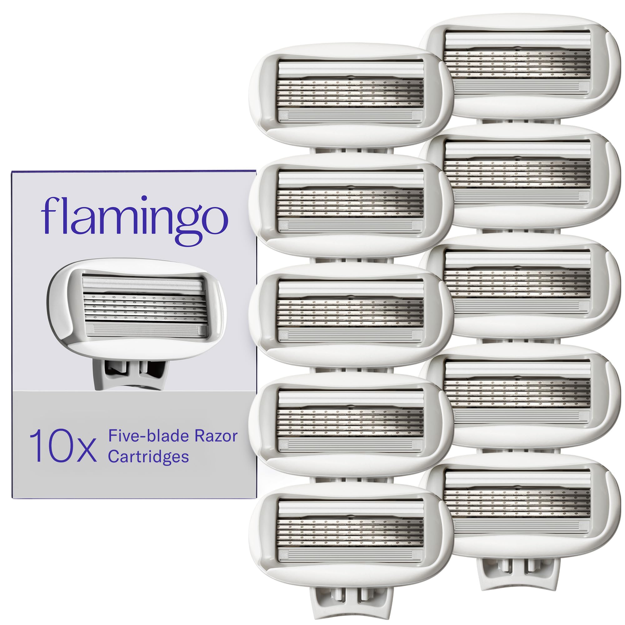 Flamingo front packaging showing ten refill cartridges and clear branding for convenience