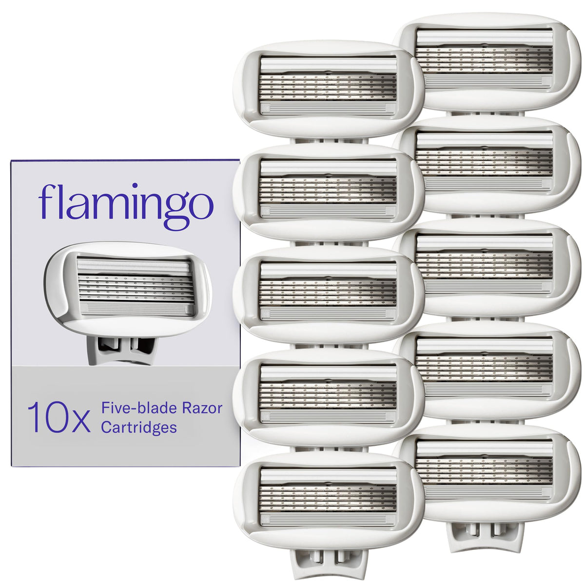 Flamingo front packaging showing ten refill cartridges and clear branding for convenience