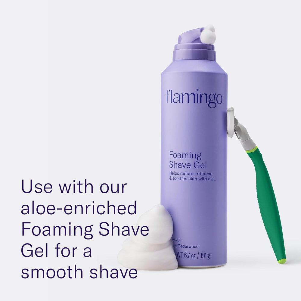Person using Flamingo razor in shower demonstrating ergonomic hinge for curves