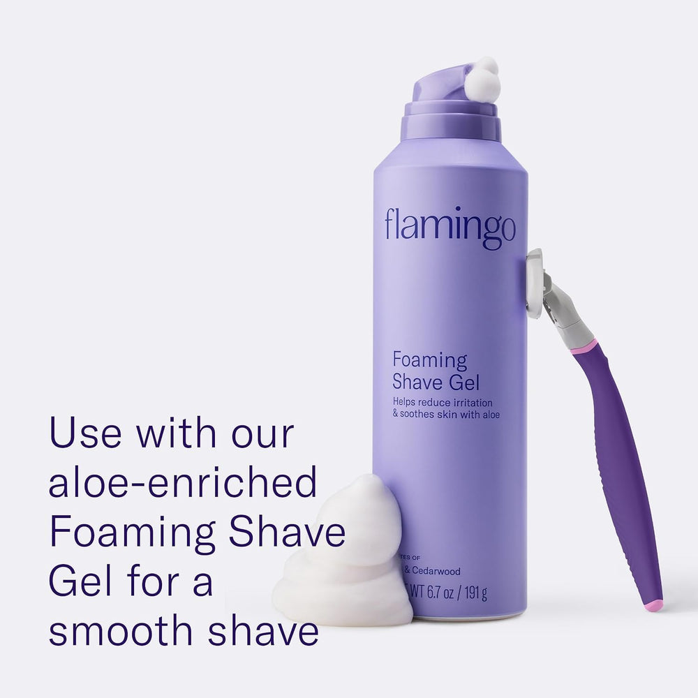 Flamingo kit laid out showing handle, four refills, and shower holder convenience