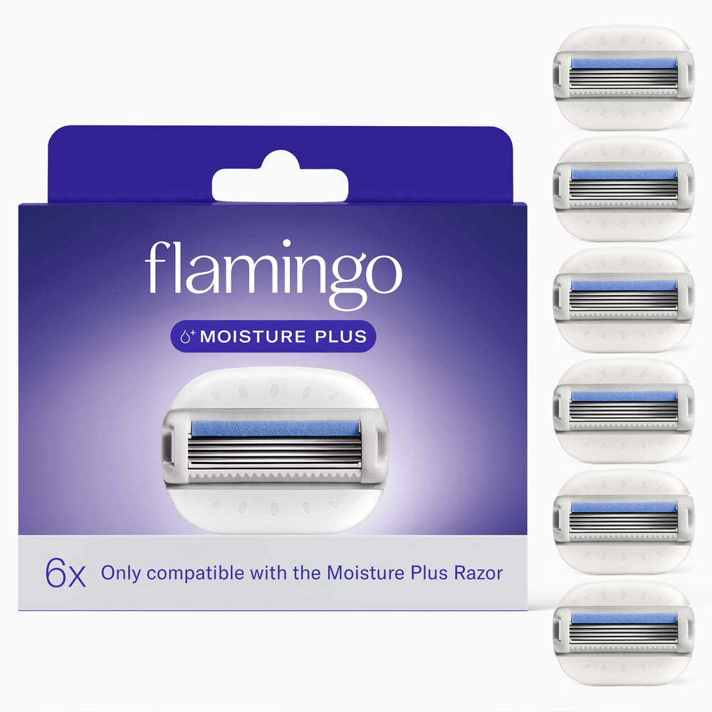 Flamingo front packaging showing six Moisture Plus cartridges and benefits