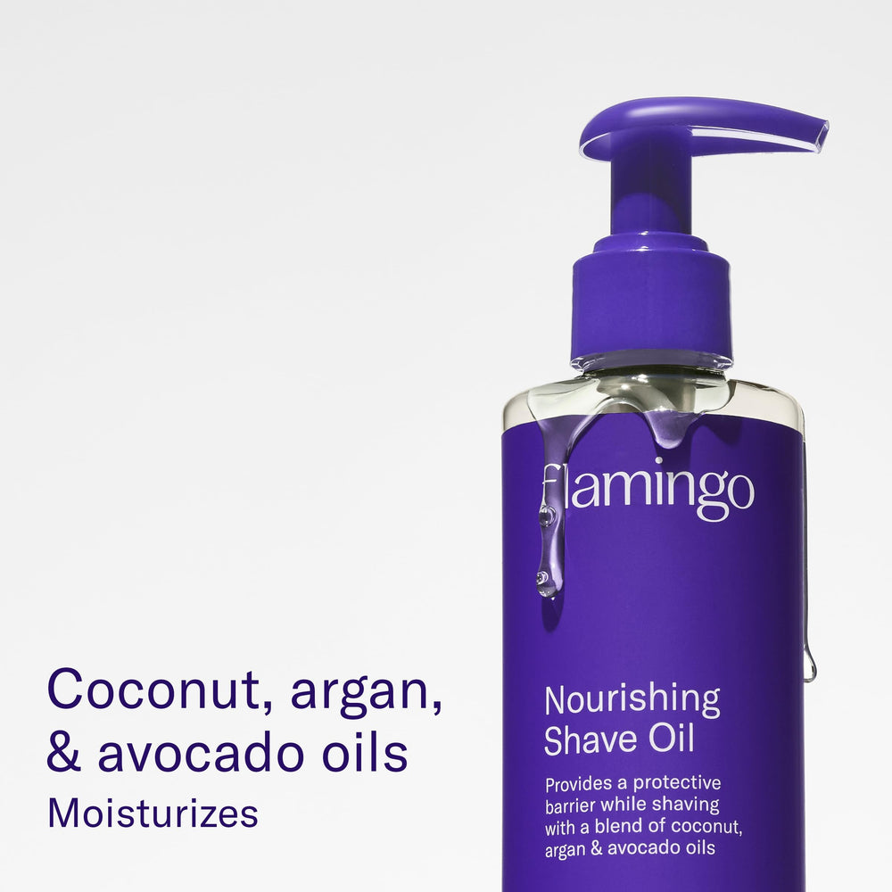 Flamingo nourishing shave oil bottle photographed upright, shows scent