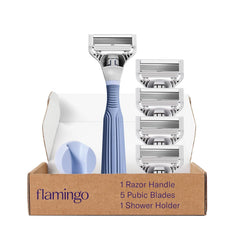 Flamingo razor front packaging showing kit contents and benefits