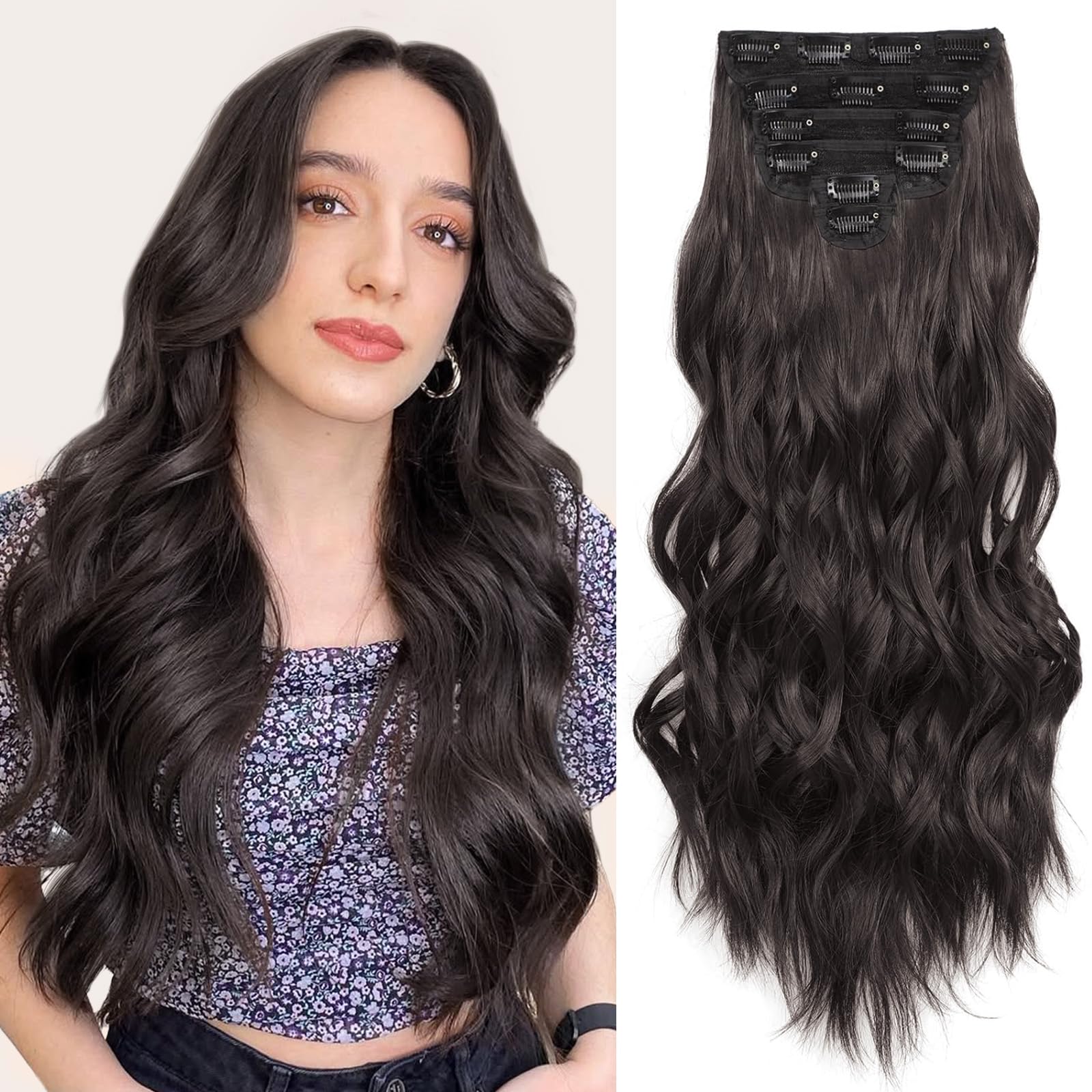 Fliace front view showing long dark brown wavy clip-ins for instant volume