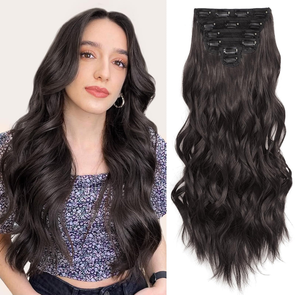 Fliace front view showing long dark brown wavy clip-ins for instant volume
