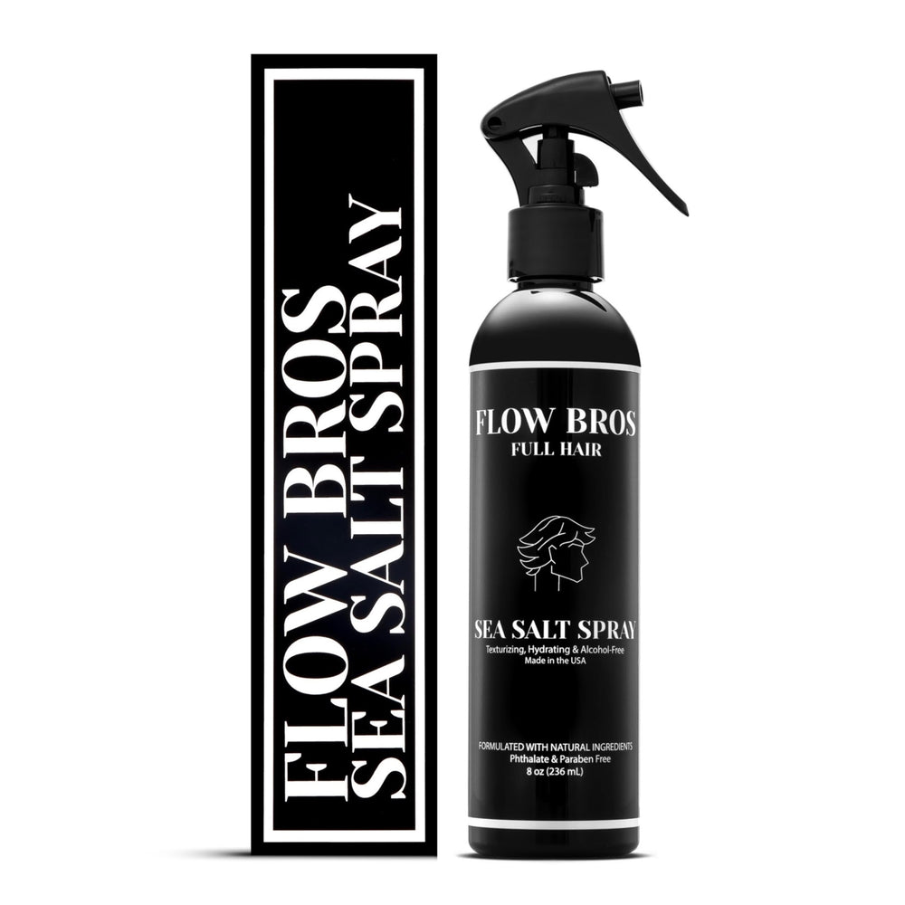 Flow Bros bottle front view showing label and size, promotes easy styling