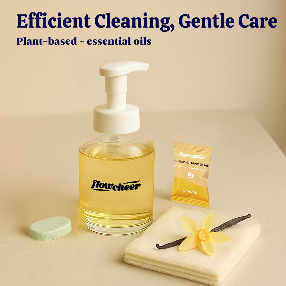 flowcheer dissolving tablet in foaming dispenser demonstrating easy refill
