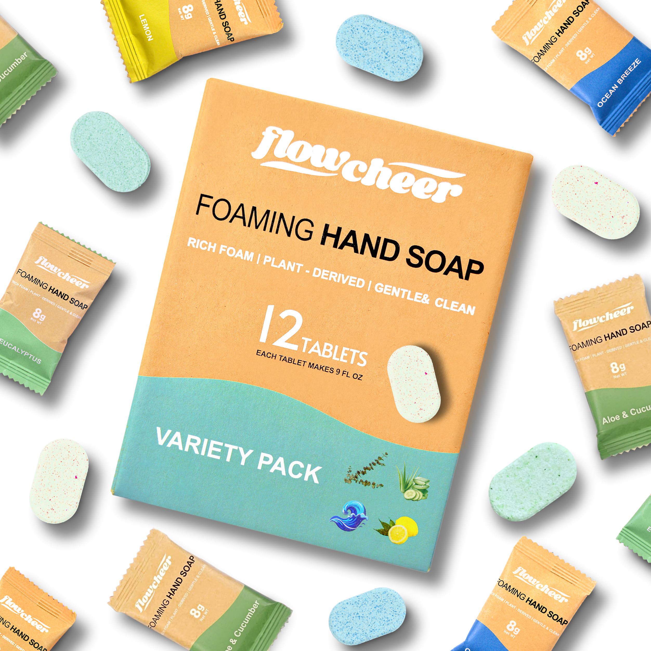 flowcheer front packaging showing 12-pack and variety scents, highlights convenience