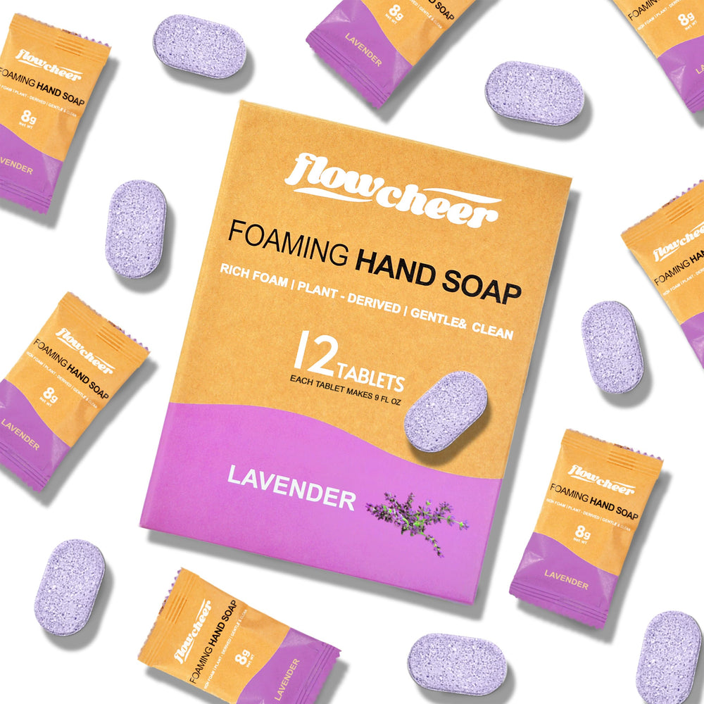 flowcheer front packaging showing lavender tablets and eco carton, highlights compact storage