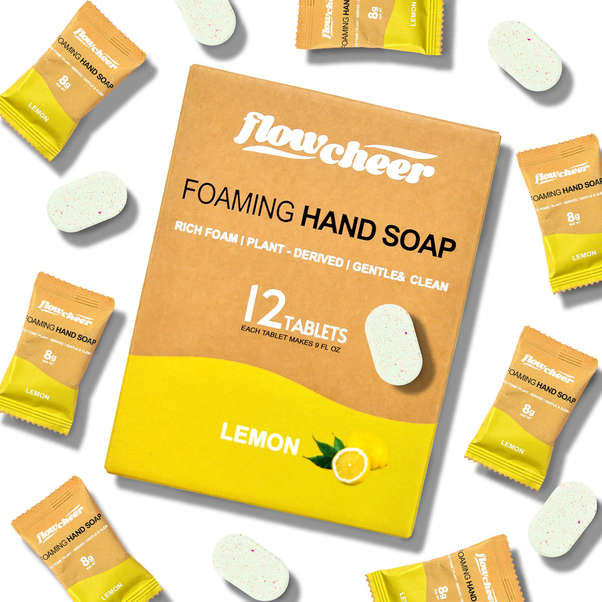 flowcheer front packaging showing lemon-scented tablet pack and eco benefit