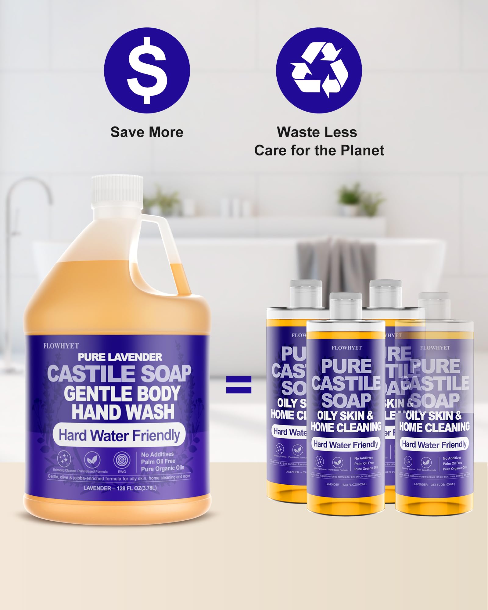 FLOWHYET using castile soap on kitchen counter showing eco-friendly surface cleaning benefit