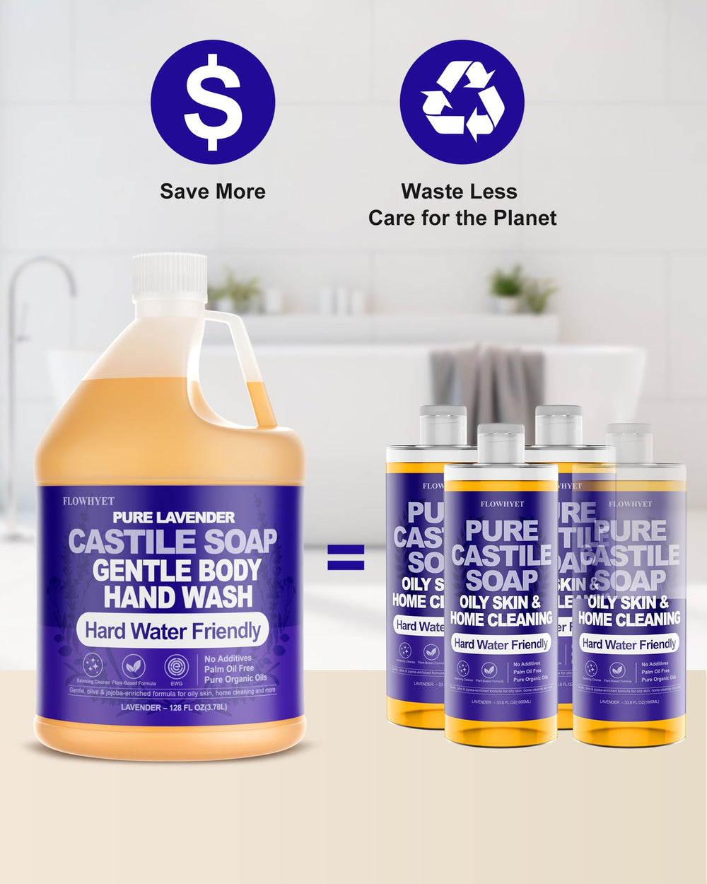 FLOWHYET using castile soap on kitchen counter showing eco-friendly surface cleaning benefit