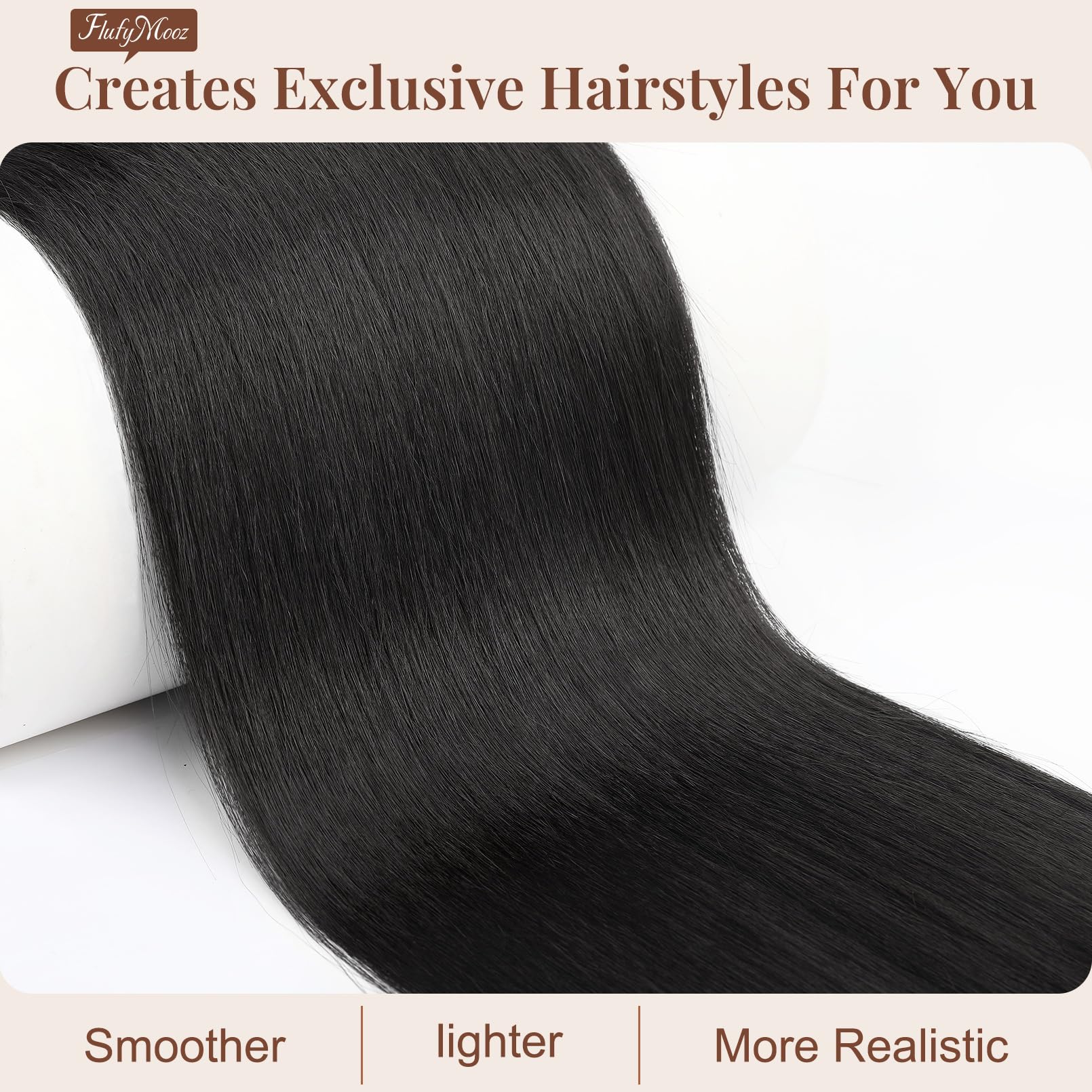 Flufymooz fiber close-up highlighting smooth synthetic texture and tangle-free benefit