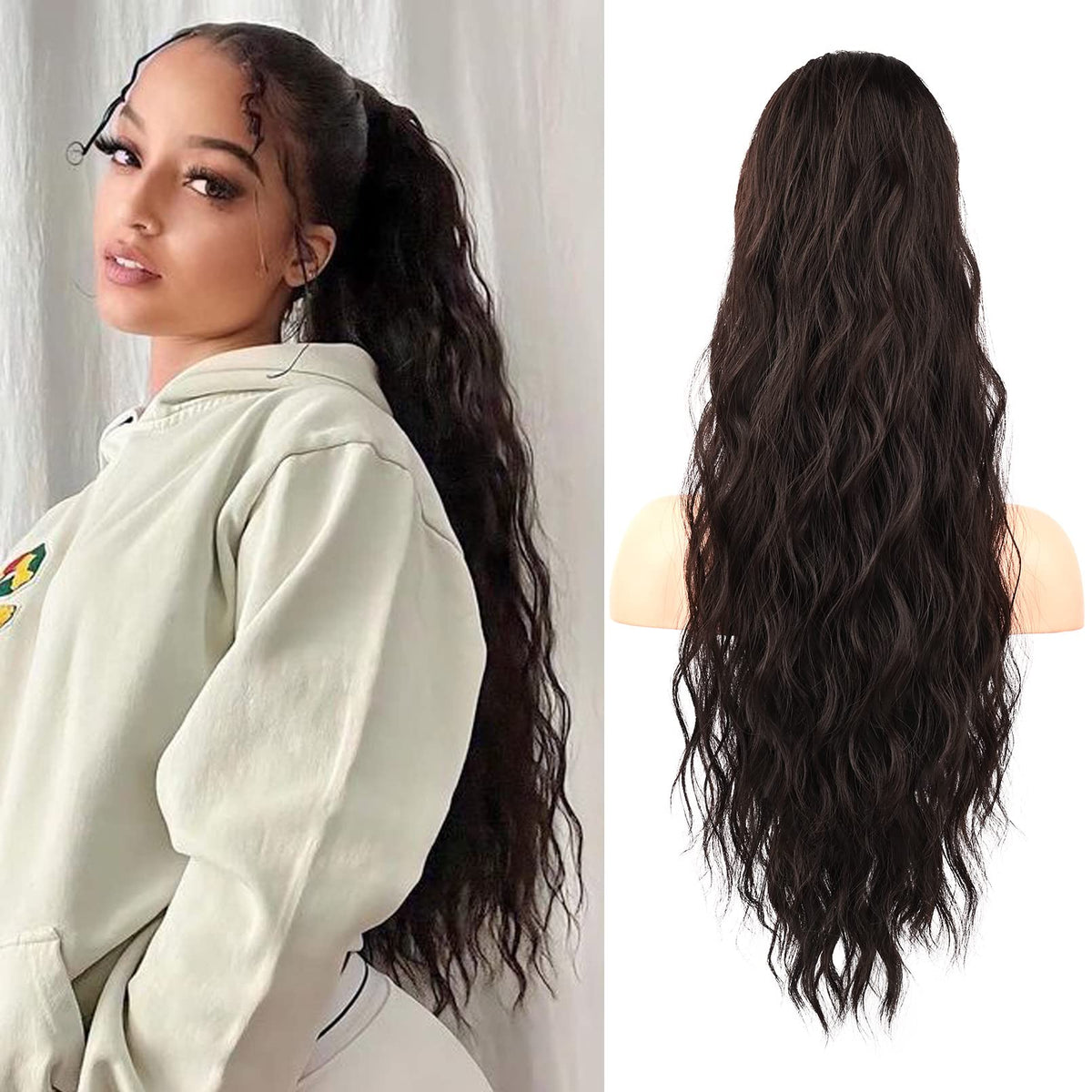 Flufymooz front view of 26 inch ponytail showing packaging and length benefits