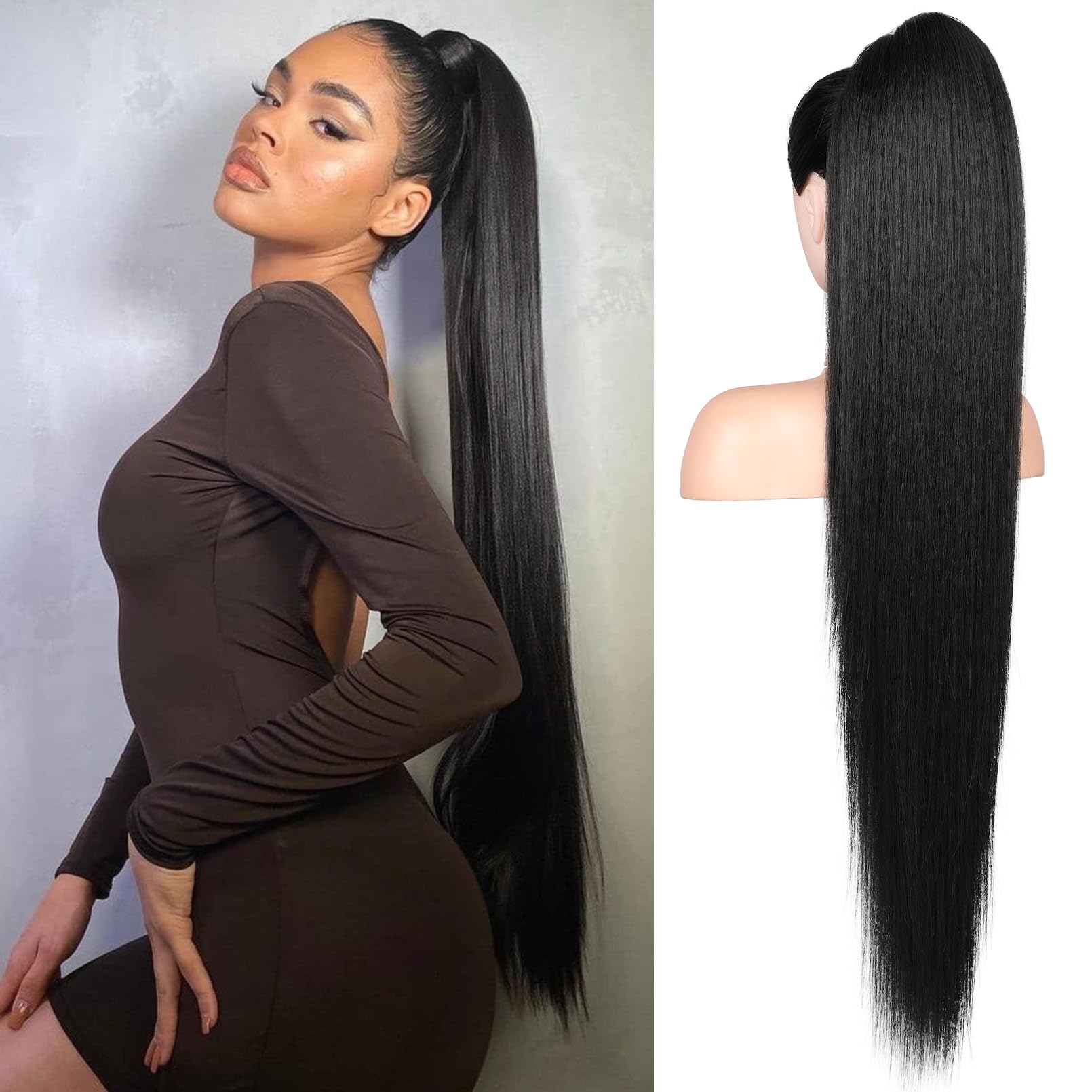 Flufymooz front packaging showing the full 36-inch ponytail and easy styling benefit