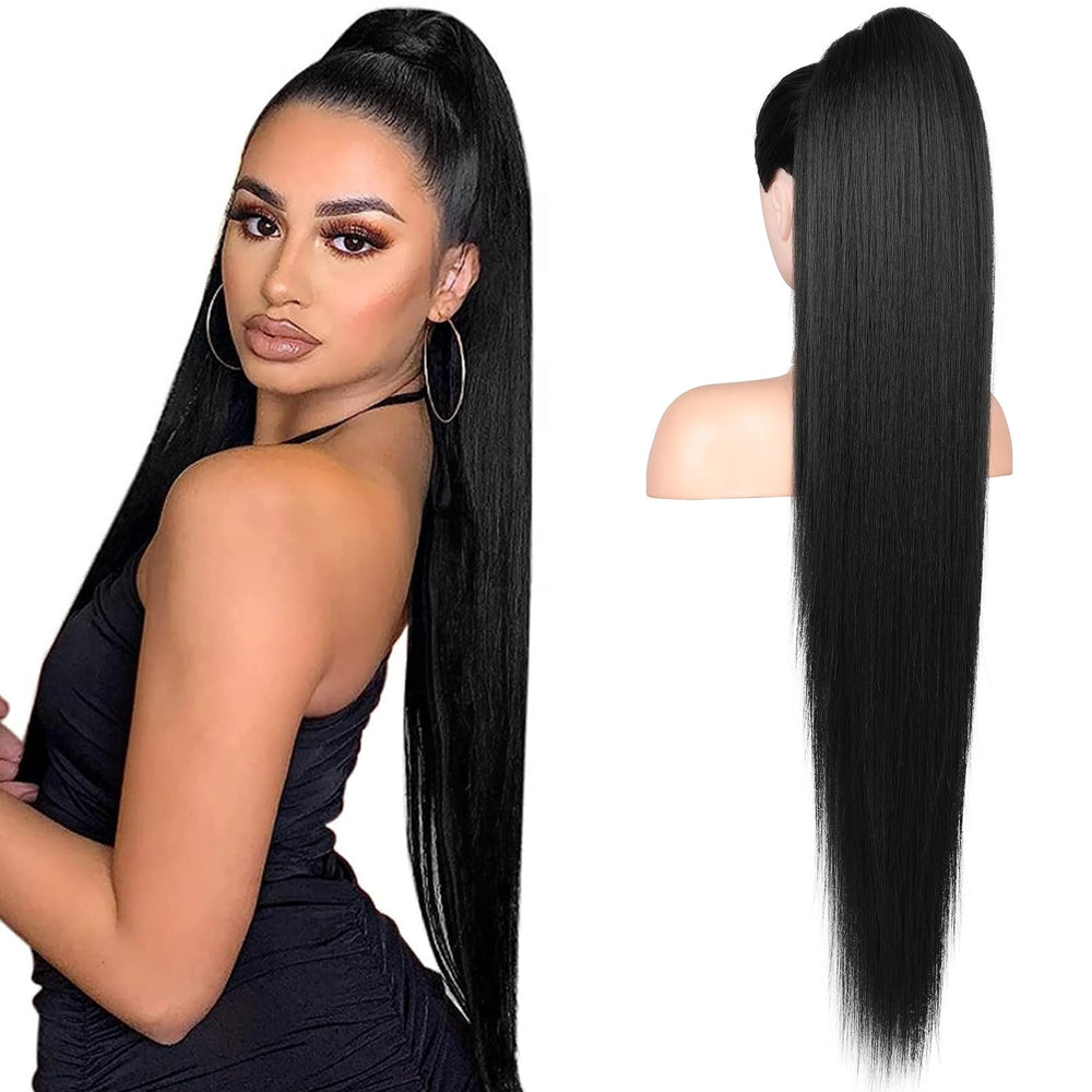 Flufymooz front view of packaged jet black ponytail highlighting ready-to-wear convenience