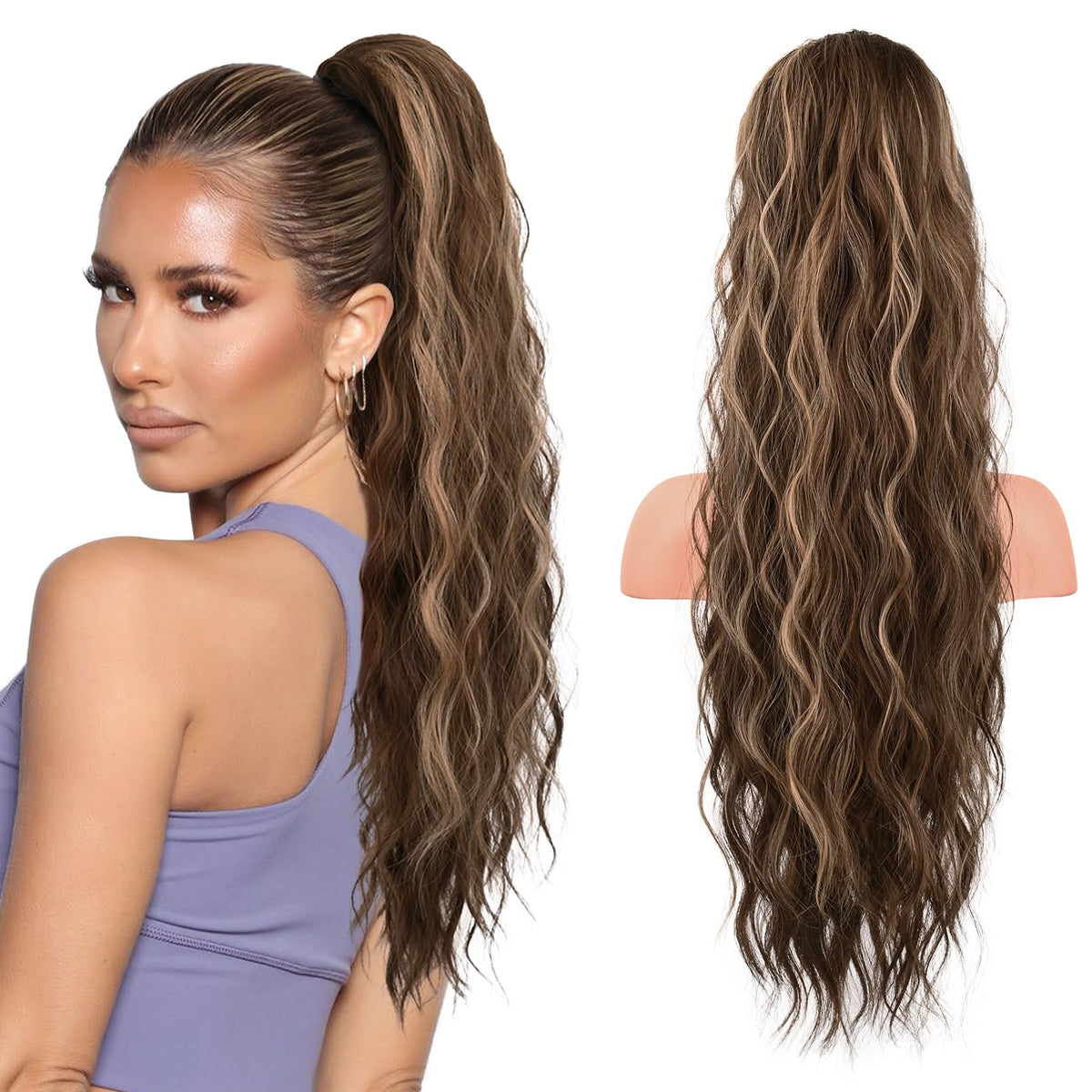 Flufymooz front view of packaged 26-inch ponytail showing color and curl