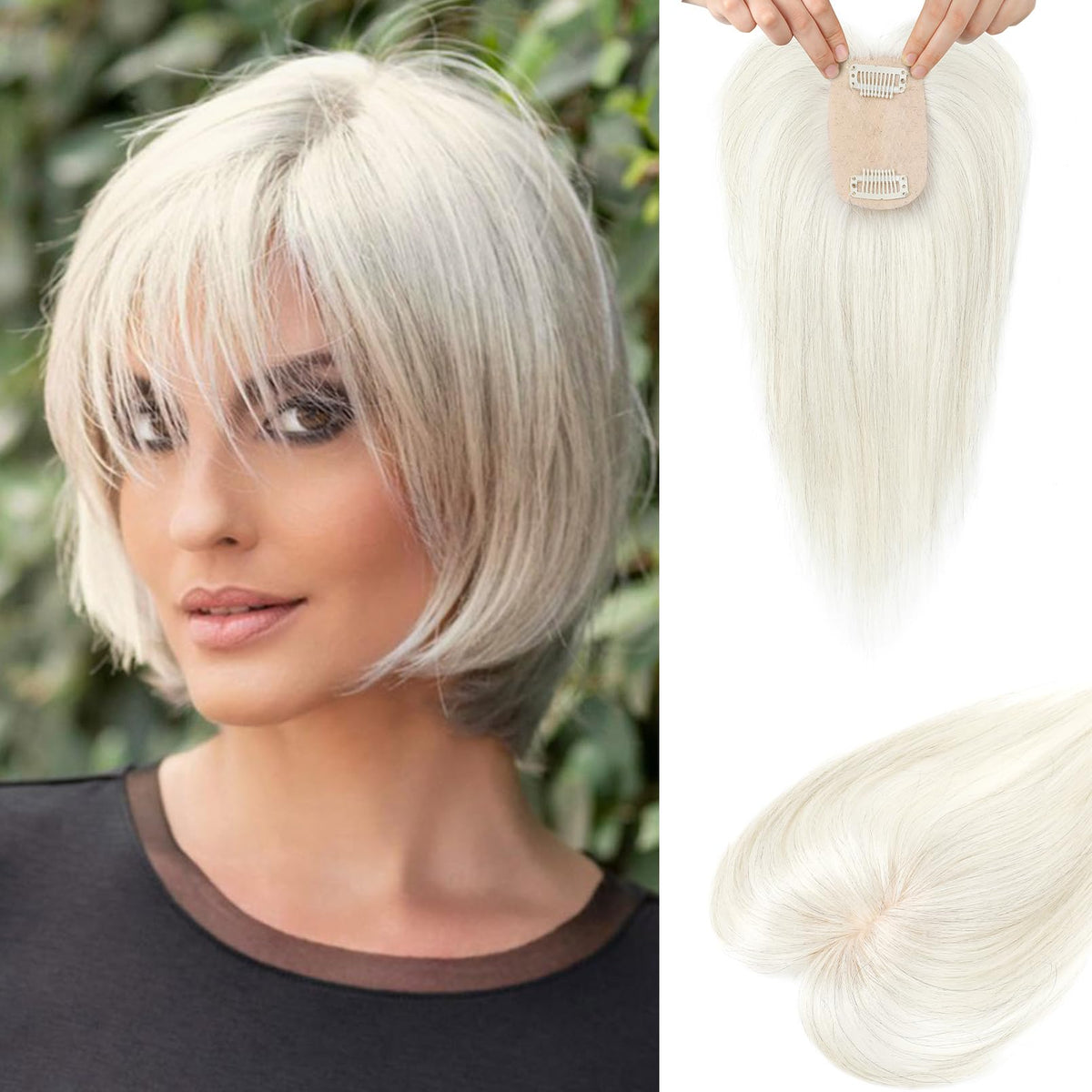 Flufymooz front view showing silver white bangs and instant volume benefit