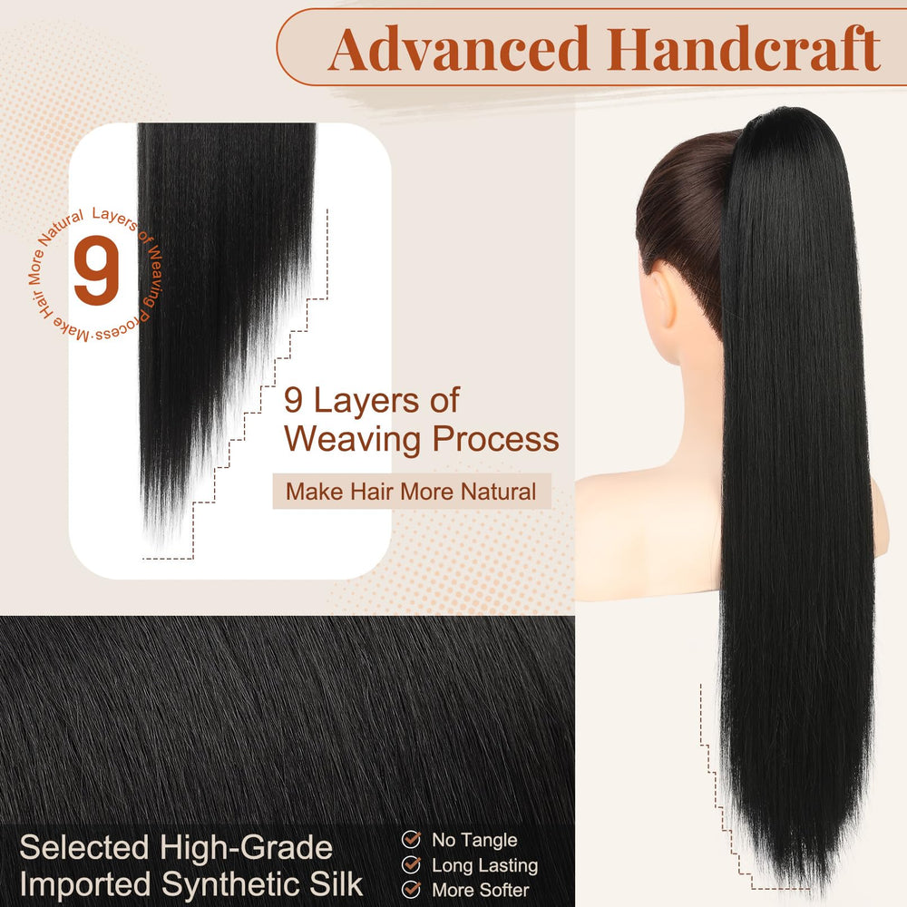 Flufymooz full 26-inch ponytail on model showing instant length benefit