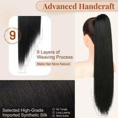 Flufymooz full 26-inch ponytail on model showing instant length benefit