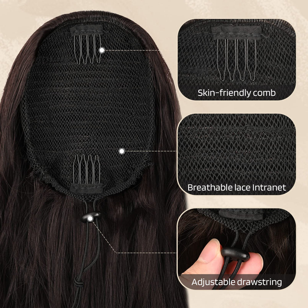 Flufymooz detail of four invisible combs and drawstring for secure hold
