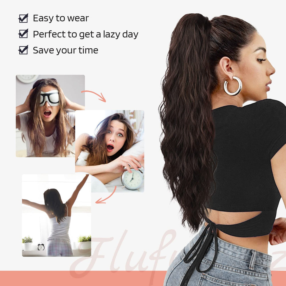 Flufymooz model wearing the ponytail showing instant long dramatic style