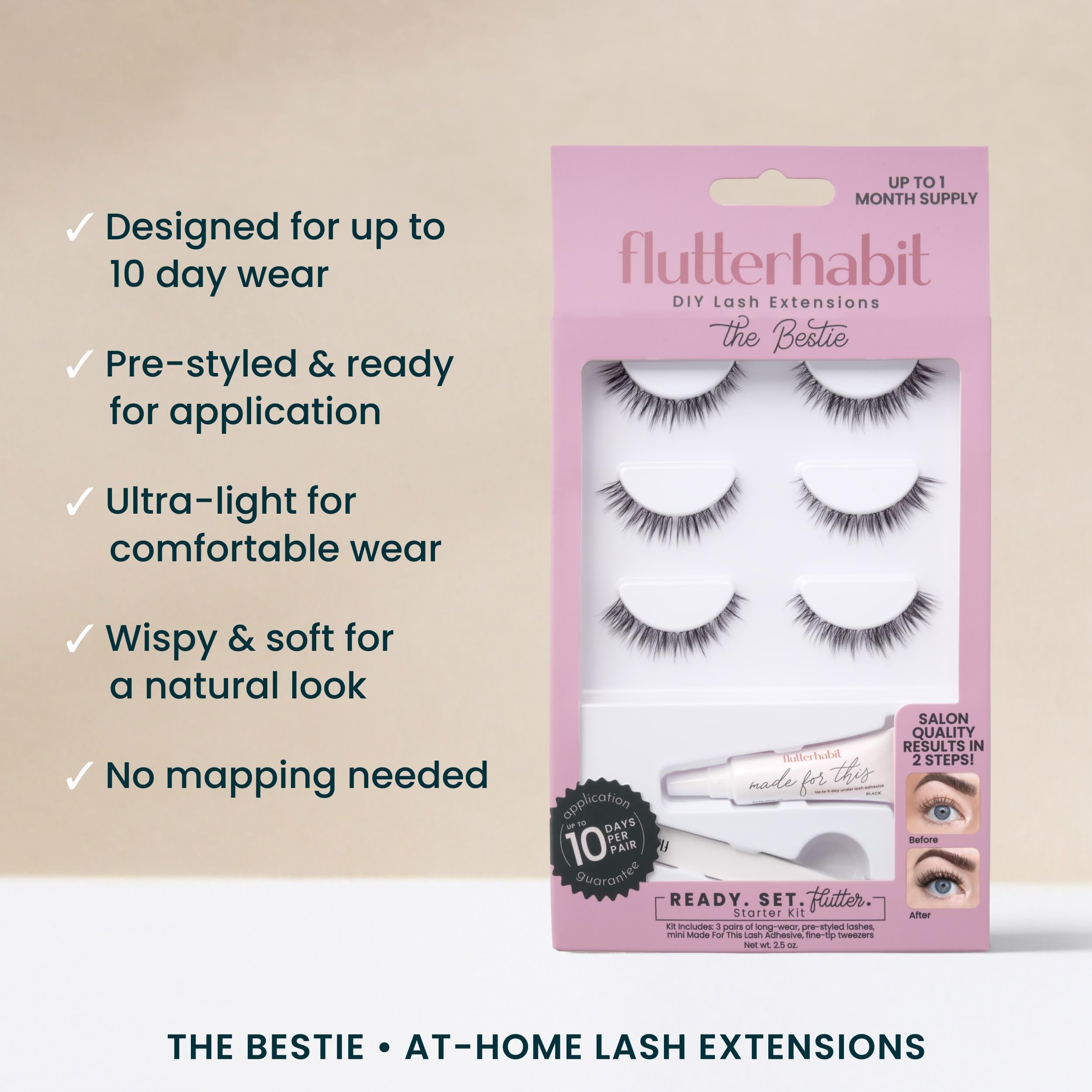 FlutterHabit applicator and tools arranged for precise at-home application
