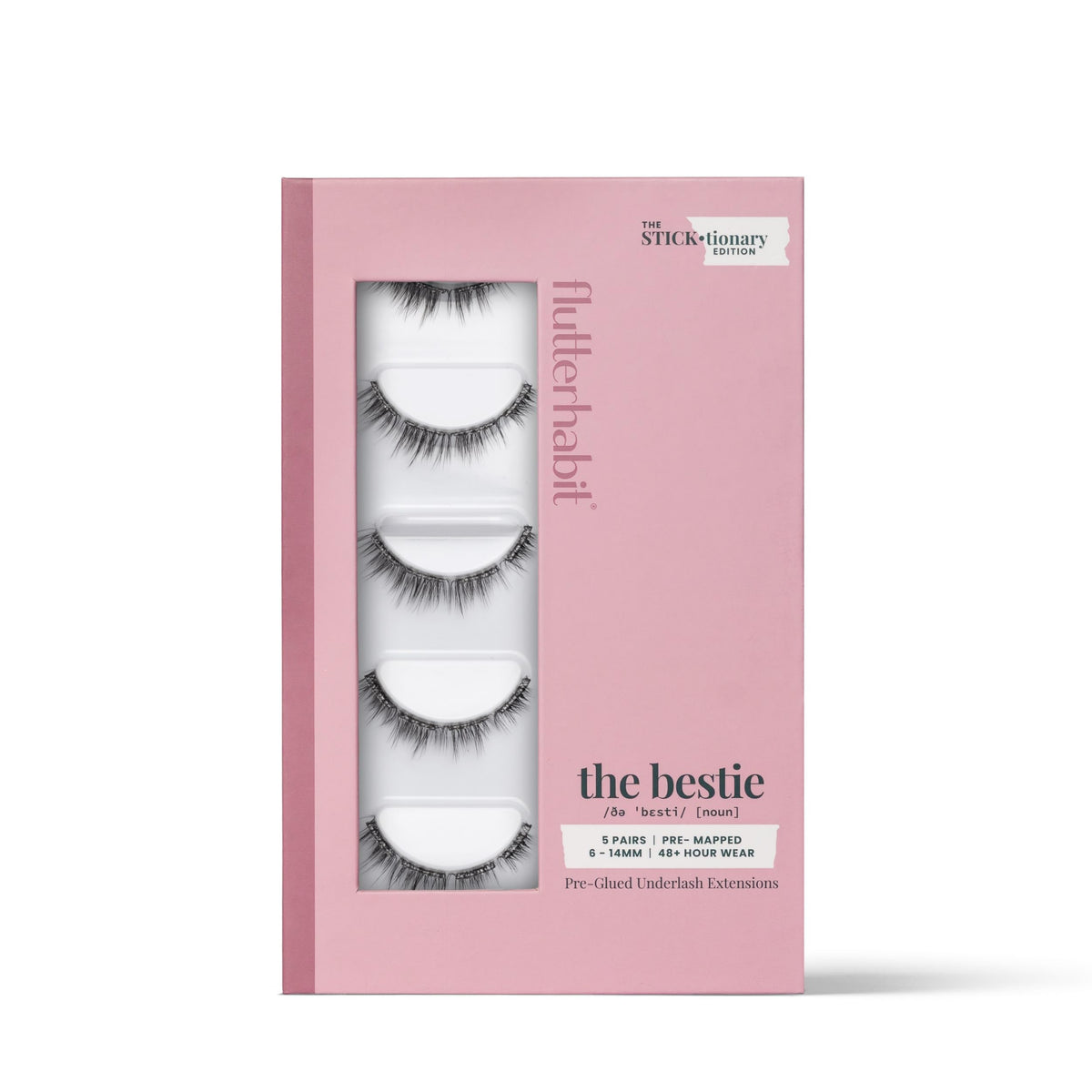 FlutterHabit Bestie front packaging showing five pairs and branding benefit convenience