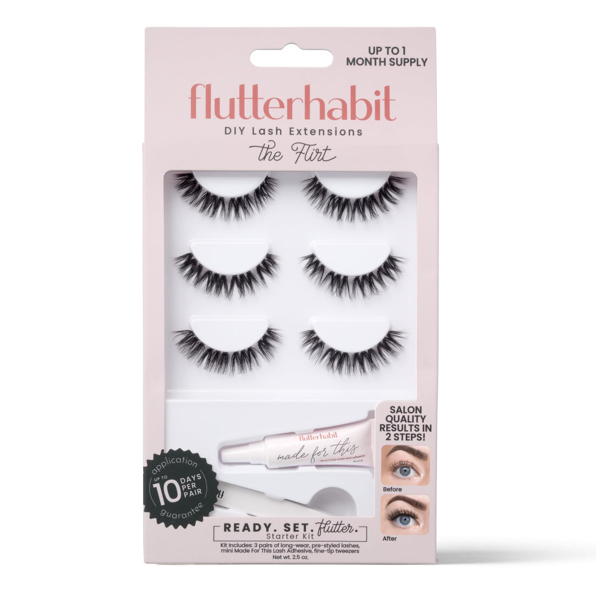 FlutterHabit front packaging showing complete underlash starter kit and convenience